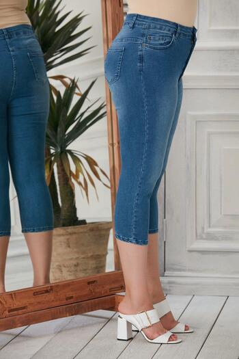 Imagine Giyim Women's Plus Size Full Lycra Blue Denim Capri – Stretchy, Comfortable and Casual Chic