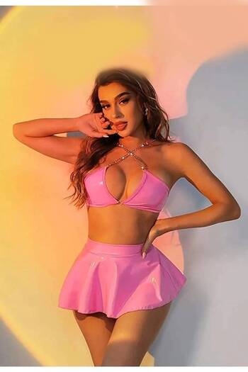 SiaLess Lingerie Lame Leather Skirt Bustier Fancy Costume with Pink Chain Strap