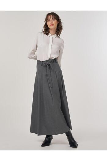 Kayra Thick Pleated Belted Maxi Skirt Anthracite