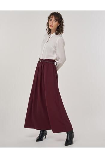 Kayra Belt Detailed A-Line Skirt Burgundy