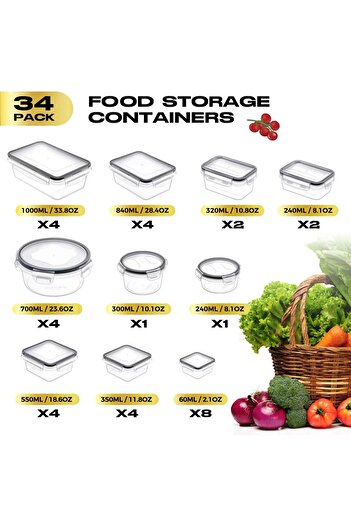 erorex 68 Pcs Food Storage Containers Set Lids, 34 Clear Plastic Kitchen Containers Storage, Bpa Free