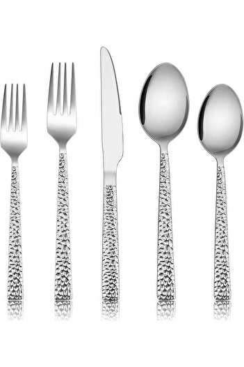 erorex 20 Piece Hammered Silverware Set, Stainless Steel Square Flatware Service 4, Tableware Cutlery Set