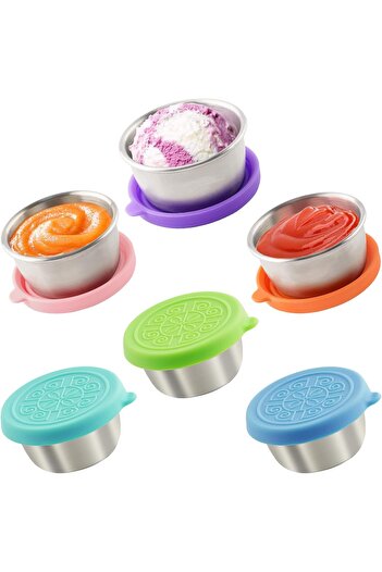 erorex 6Pcs Salad Dressing Container Lid, Small Leak Proof Reusable Stainless Steel Salad Dressing