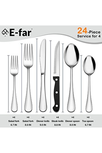 erorex Flatware Set 24, Stainless Steel Silverware Cutlery Set 4, Dinner Eating Utensils Include Soup