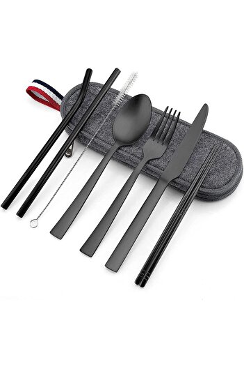 erorex Matte Black Travel Equipment Box, Portable Stainless Steel Cutlery, Reusable Travel Camping Set,