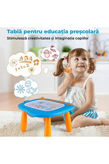 Elindor Tablă de desen magnetică pentru copii, masă de desen, jucărie educativă, 4 culori, 25 cm, Albastră.