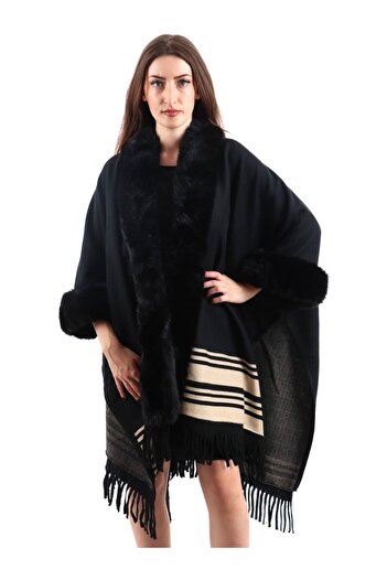 Liu Jo Women's Fur Detailed Line Patterned Black Poncho 2f5046t0300-22222