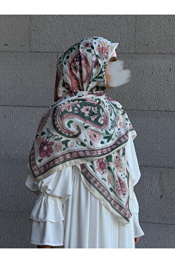 Qalortex Scarf Κρεμ-εσάρπα με βαμβακερό σχέδιο φλοράλ