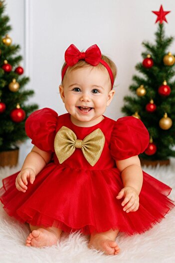 Hobidik Baby Girl Child Red Gold Bow Fluffy Special Occasion Dress