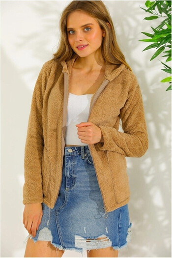 hazelin Women's Mustard Welsoft Stretch Fabric Plush Yumoş Front Zip Hooded Jacket Hzl23W-Dsb110081