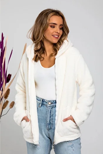 hazelin Women's Ecru Welsoft Stretch Fabric Plush Soft Front Zipper Hooded Jacket Hzl23W-Dsb110081