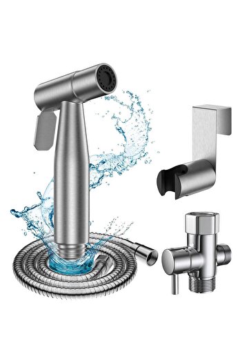 Elindor Set de duș pentru igienă intimă, bideu și baterie WC din oțel inoxidabil, Robinet, Argintiu