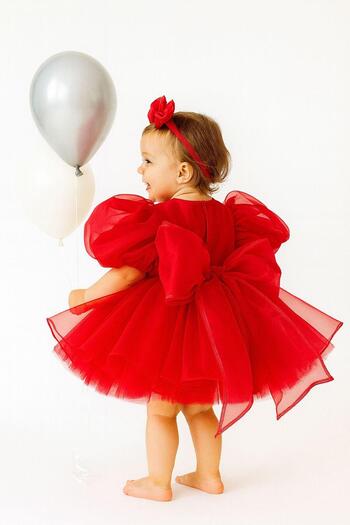 Hobidik Baby Girl Kids Red Bow Organza Girl Party Dress