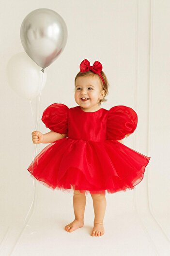 Hobidik Baby Girl Kids Red Bow Organza Girl Party Dress