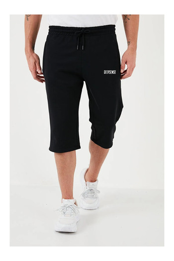Deep sense Erkek Siyah Diz Altı Uzun Cepli Penye Şort & Bermuda Kapri Yazlık Pamuklu Slim Fit Baskılı