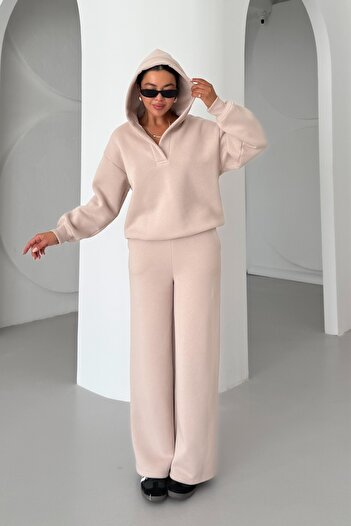 MODAGEN Women's Beige V-Neck Hooded Sweatshirt Top and Bottom Tracksuit Set