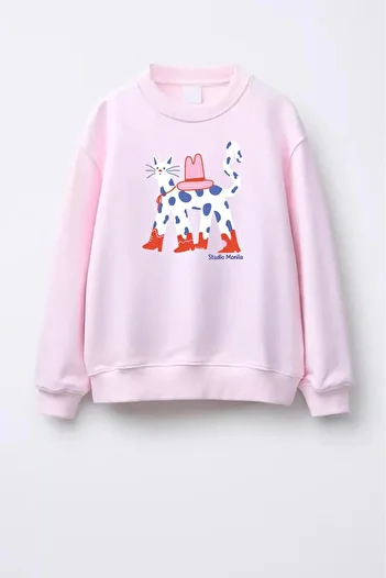 Monila Girl's Cat Printed 3 Thread Fabric Cotton Sweatshirt