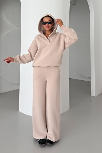 MODAGEN Women's Beige V-Neck Hooded Sweatshirt Top and Bottom Tracksuit Set