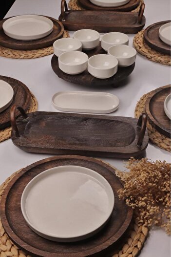 Atbyhome Bambum Pavlonya Infinity Natural Wood and Ceramic 23 Piece Breakfast Presentation Set Breakfast Set Breakfast