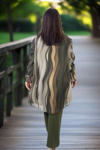 yagmurberen Stone Embroidered Shawl Collar Chiffon Jacket, Bicycle Collar Long Sleeve Bluse, Elastic Waist Pants, 3-Piece Set