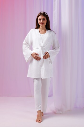 Pelin Women's Ecru Patterned Linen Maternity 3-Piece Pajama Set