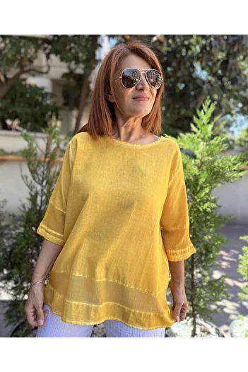 DenizEge Mesh Detailed Cotton Blouse Yellow