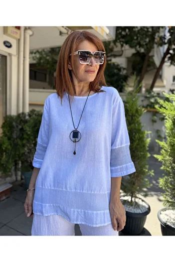 DenizEge Mesh Detailed Cotton Blouse Baby Blue