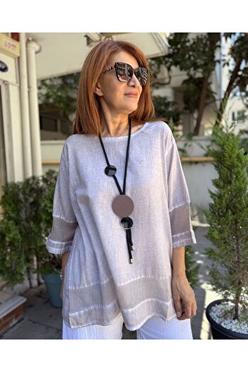 DenizEge Mesh Detailed Cotton Blouse Milk Coffee