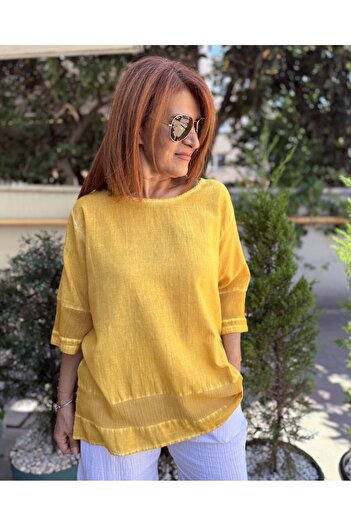 DenizEge Mesh Detailed Cotton Blouse Yellow
