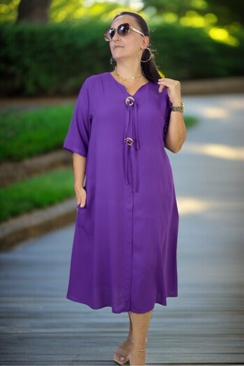 yagmurberen Halka Detail with Yandan Pocket, Short Sleeve, Single-Button, Short Sleeve, Cotton Viscose Plus Size Dress
