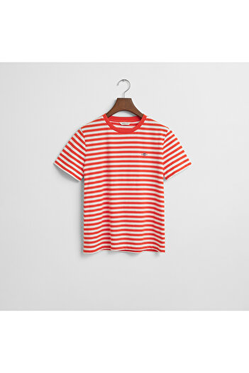 Gant Kadın Turuncu Regular Fit Bisiklet Yaka Çizgili T-Shirt