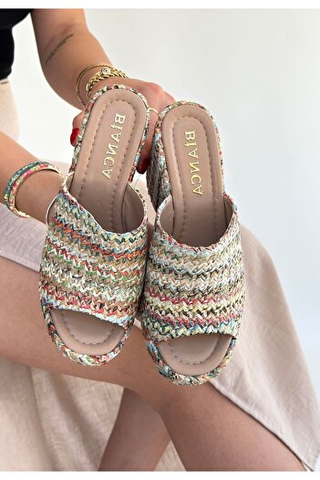 BESKAR Tlay Kilim Patterned Wedge Heel Slippers