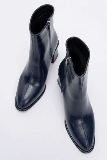 LuviShoes Γυναικείες μπότες με χοντρό τακούνι ALBA Navy Blue Skin