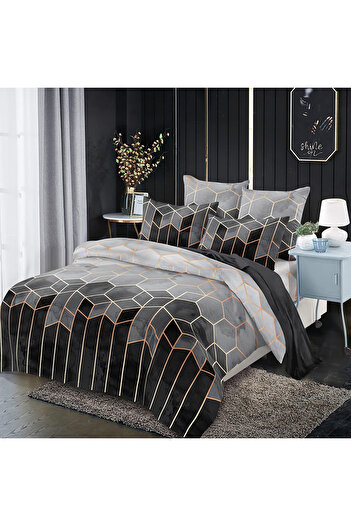 OEM Bed linen 220x240 and 2*80x80 made of microfiber, reversible, GREY with geometric pattern