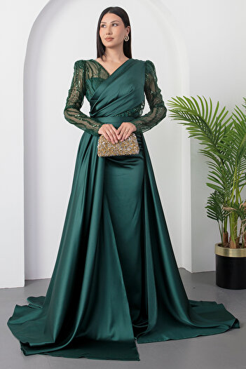 PULLIMM Double Breasted Collar Beading Detail Satin Dress Dmn5187