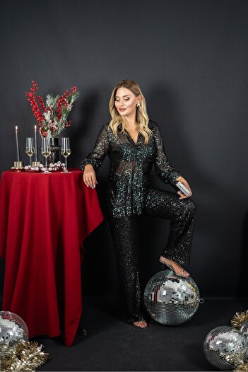 Sezgi Tekin Elastic Waist Pul Sequin Silver Loose Trousers