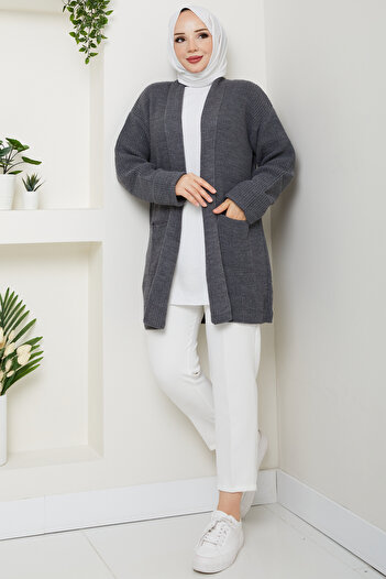 Pamuk Butik Women's Sleeve Fold Pocket Midi Length Cardigan