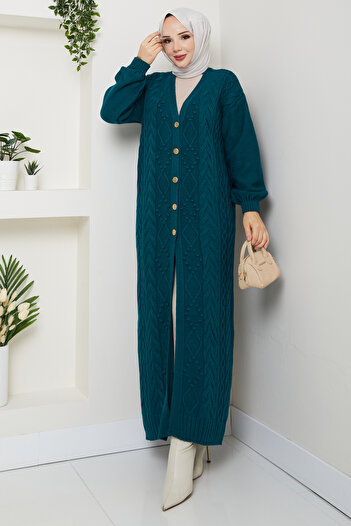 Pamuk Butik Women's Chain Knitted Button Closure Long Knitwear Cardigan