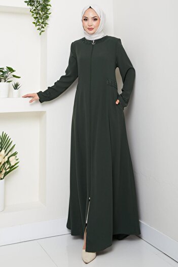 hafsamina Ferace Khaki with Stone Detail on Collar and Cuffs Hm2802
