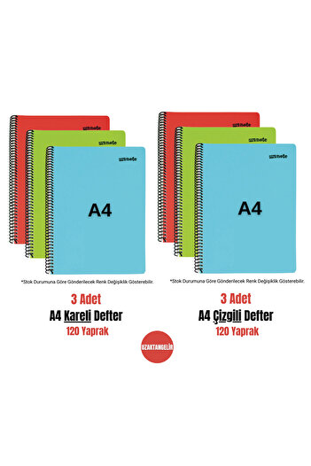 uzaktangelir Mynote A4 120 Sheets Spiral Plastic Cover Ruled + Checkered Notebook Set (3 + 3 Pieces)