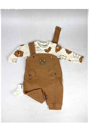 Uğur bebe Ayı desenli Erkek Bebek Tulum 3lü Tulum seti (Zıbın Tulum çorap)3-6-9ay Bebek Kıyafeti Kahverengi