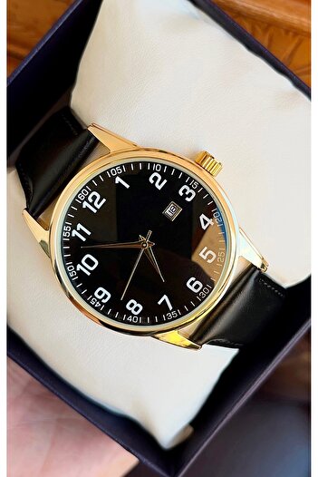 Weluxa Gold Color Case Leather Band Classic Men's Wristwatch with Calendar