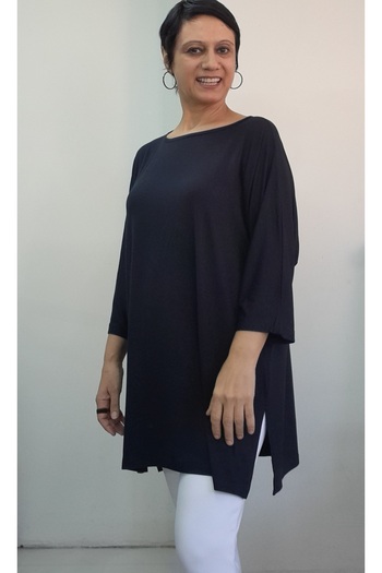 Mertcan Butik Navy Blue Boat Neck Batwing Three-Quarter Sleeve Side Slit Loose Combed Viscose T-Shirt