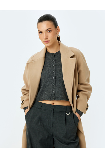 Koton Double Breasted Long Stamp Coat with Pockets and Belt