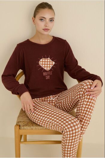 İYİBU Women's Thermal Pajama Set - Waffle Day Printed - Brown Plaid Pattern