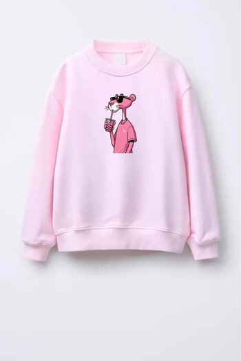Monila Girl's Pink Panther Printed 3 Thread Fabric Cotton Sweatshirt