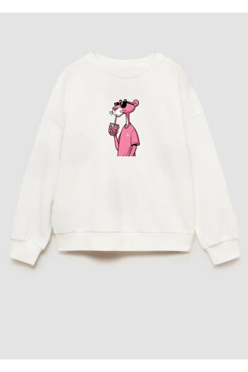Monila Girl's Pink Panther Printed 3 Thread Fabric Cotton Sweatshirt