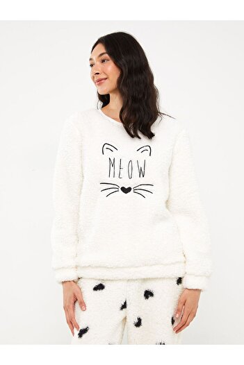 LC Waikiki Bisiklet Yaka Nakışlı Kadın Pelüş Pijama Takımı