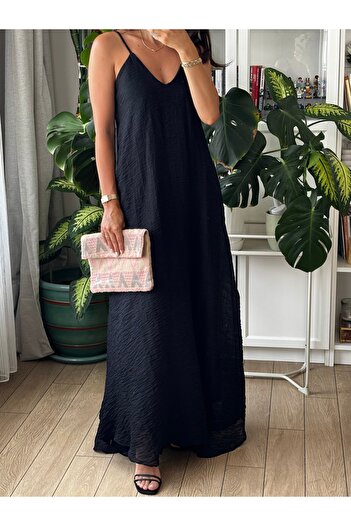 Store Siyah Askılı V Yaka Gizli Cepli Uzun Maxi Elbise