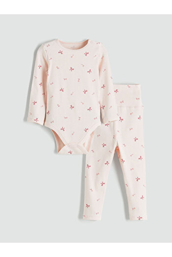 LC Waikiki Sparkling Choices from Shining Store |   Crew Neck Bow Printed Baby Girl Snap Fastener Bodysuit and Leggings